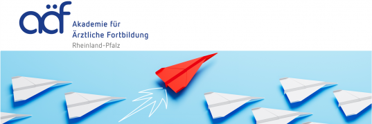 Banner der Akademie für Ärztliche Fortbildung Rheinland-Pfalz über einem roten Papierflieger, der sich von mehreren weißen Papierfliegern abhebt