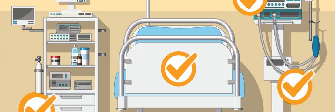 Krankenhausbett mit blauer Matratze, Monitor, Infusionsständer, Medizinschrank und Kontrollleiste, jeweils mit orangefarbenem Häkchen markiert.