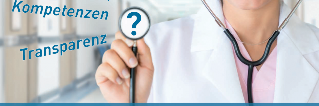 Ärztin in weißem Kittel hält Stethoskop mit Fragezeichen auf Membran, umgeben von den Worten 'e-Logbuch', 'Kompetenzen' und 'Transparenz'.