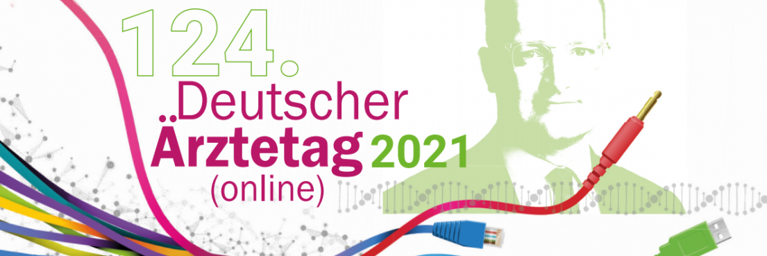 Silhouette von Jens Spahn mit verschiedenen bunten Kabeln und Text '124. Deutscher Ärztetag 2021 (online)' in Grün, Magenta und Lila.