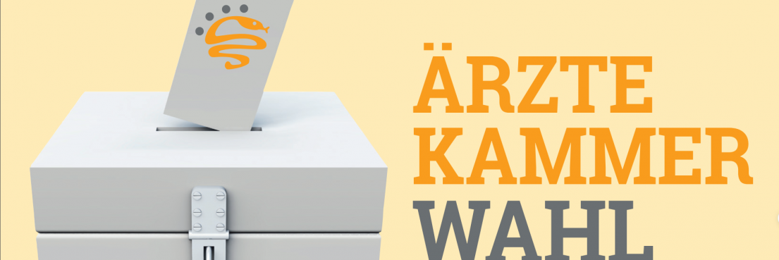 Abstimmungsurne mit Vorhängeschloss, darüber eine Wahlkarte mit orangefarbenem Symbol, daneben der Text 'ÄRZTEKAMMER WAHL' in Orange und Grau.
