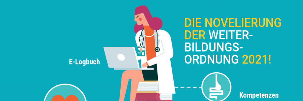 Illustration einer Frau mit Arztkittel und Laptop, die auf einem hohen Stapel Bücher sitzt, umgeben von Symbolen für Kompetenzen, Wertschätzung, Zeit und E-Logbuch, mit dem Text 'Die Novellierung der 