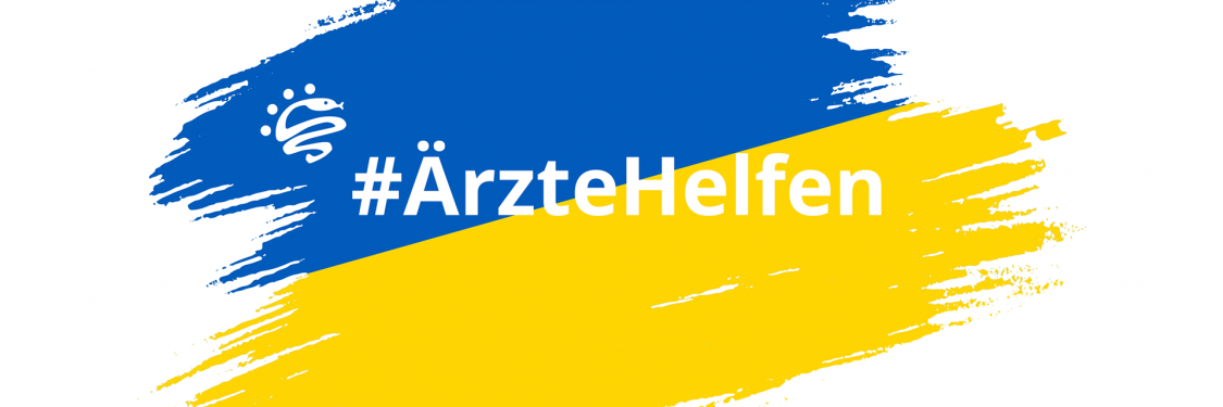 Urkaine-Flagge blau-gelb mit Aufschrift #Ärzte helfen