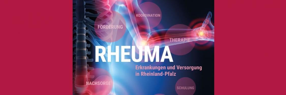Darstellung eines menschlichen Skeletts mit hervorgehobenen Gelenken in Rot und Blau, Titel 'RHEUMA Erkrankungen und Versorgung in Rheinland-Pfalz', weitere Begriffe wie 'Förderung', 'Koordination', '