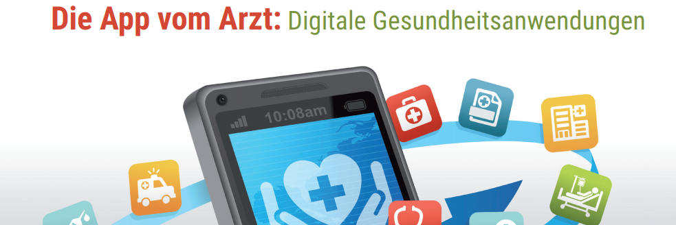 Smartphone mit blauem Display, das zwei Hände um ein Herz mit Kreuz zeigt, umgeben von bunten App-Symbolen für Gesundheit und Medizin.