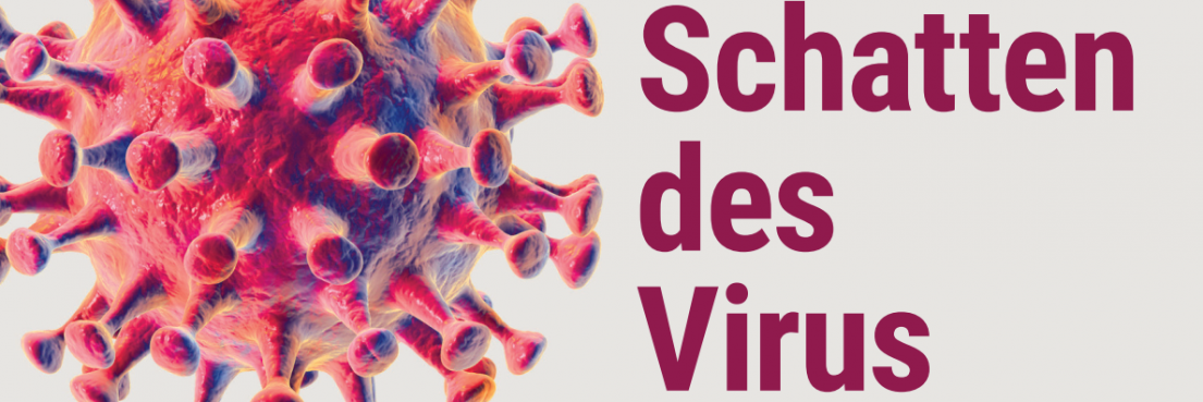 Rundes Virusmodell mit stacheligen Auswüchsen in Rot- und Rosatönen, daneben der Text 'Im Schatten des Virus' in dunkelroter Schrift.