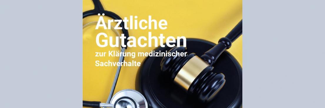 Titelblatt des Ärzteblatts Rheinland-Pfalz mit Stethoskop und Richterhammer auf gelbem Hintergrund, Text 'Ärztliche Gutachten zur Klärung medizinischer Sachverhalte'