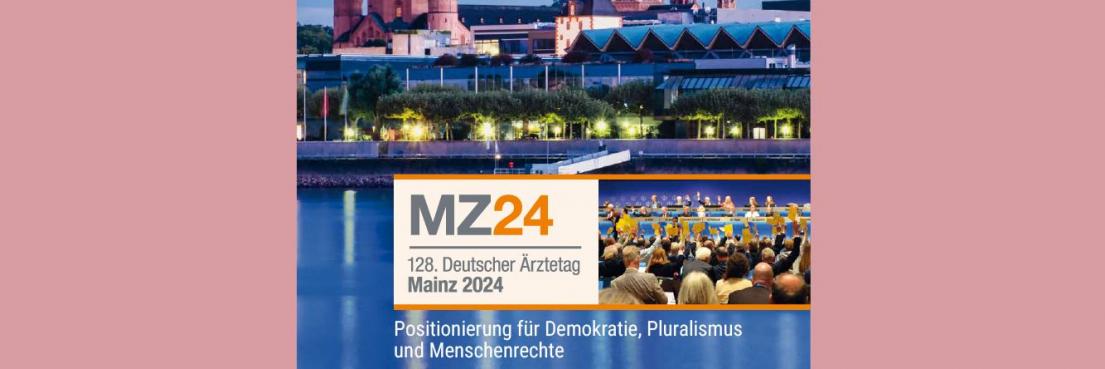 Blick auf den Mainzer Dom mit seinen Türmen bei Abendlicht, davor Publikum am Rheinufer. Text: 'Ärzteblatt Rheinland-Pfalz 07|24', 'MZ24 128. Deutscher Ärztetag Mainz 2024