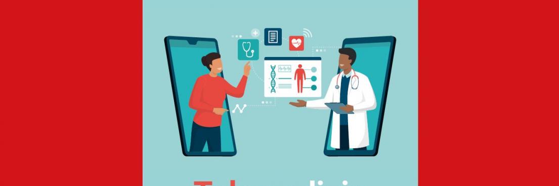 Illustration zeigt eine Ärztin und einen Patienten, die sich über Telemedizin austauschen, mit Symbolen für Gesundheit und digitale Vernetzung.