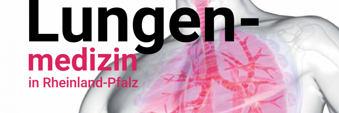 Teilansicht eines Oberkörpers mit rosa hervorgehobenen Lungen und Bronchien, daneben der Text 'Innovationen und Perspektiven der Lungenmedizin in Rheinland-Pfalz'.