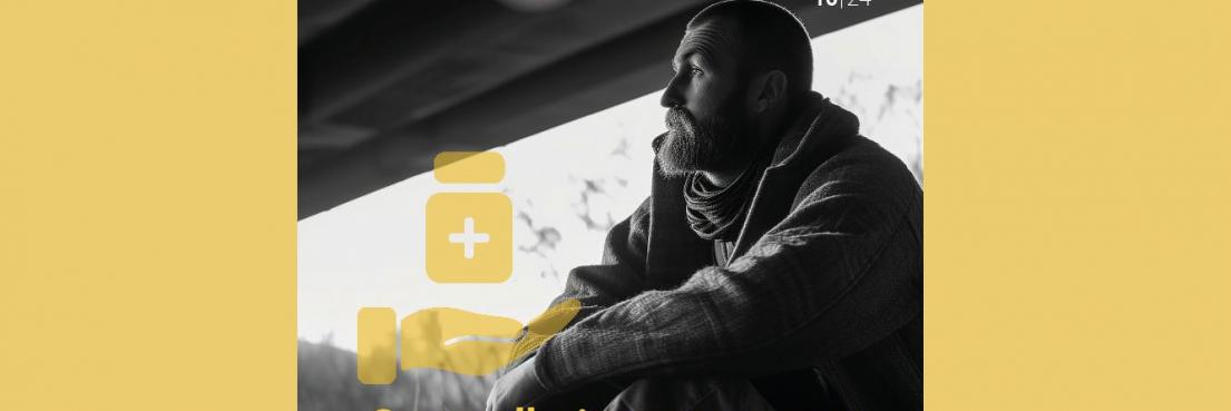 Mann mit Schal sitzt nachdenklich an einem Geländer unter einer Brücke, Titel 'Gesundheitsversorgung am Rand der Gesellschaft' in gelber Schrift.