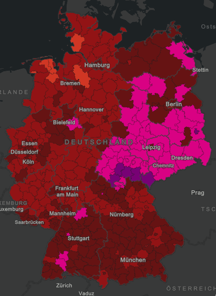 Deutschlandkarte mit farblich markierten Regionen in Rot und Pink, Städte wie Hamburg, Berlin, München und Frankfurt am Main beschriftet.